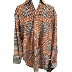 Robert Graham Flip Cuff Silk Trim Cotton Shirt Men's XL Copper Geometric DISCO